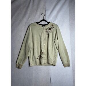 Shenanigans Vintage Floral Embroidered Cardigan Sweatshirt Sage Green Large